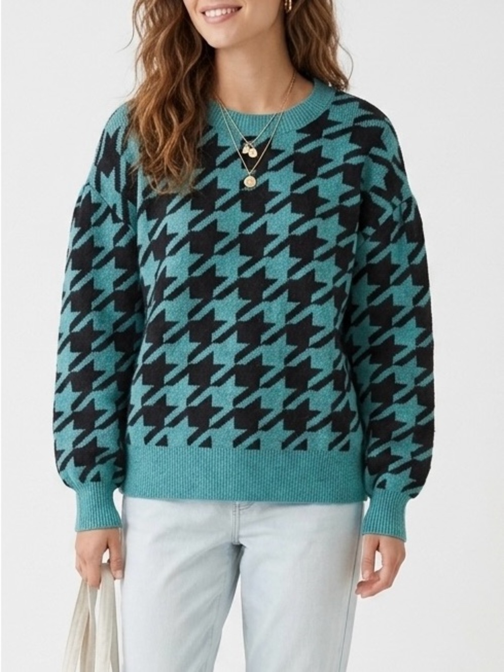 LOFT Teal Black Houndstooth Sweater Petite S Balloon Sleeve Crewneck Knit Top